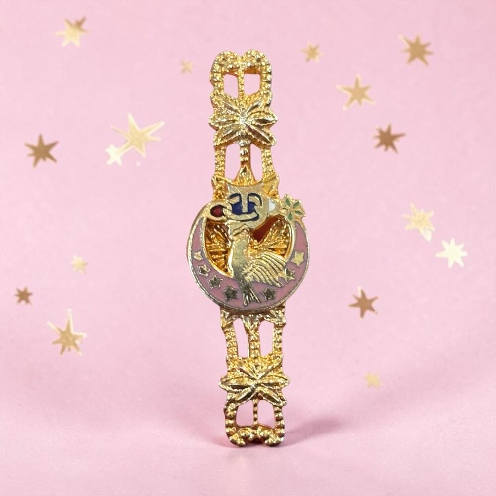 Vintage Celestial Bird Brooch Crescent Moon Stars Pink Enamel Gold Tone Pin